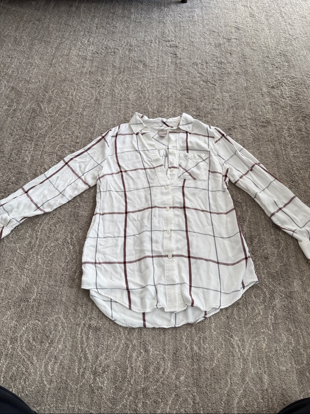 Chico's White Button-Down Shirt with Burgundy Windowpane Check